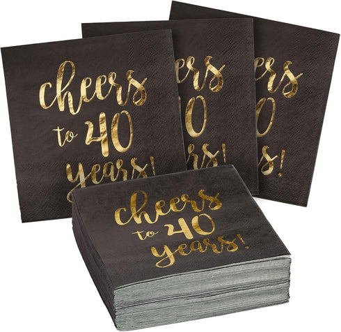 BLUE PANDA 40th Birthday Napkins - 50-Pack 3-Ply 5 x 5 in Black & Gold Foil - Cheers to 40 Years Design for 40th Birthday & Anniversary Parties...