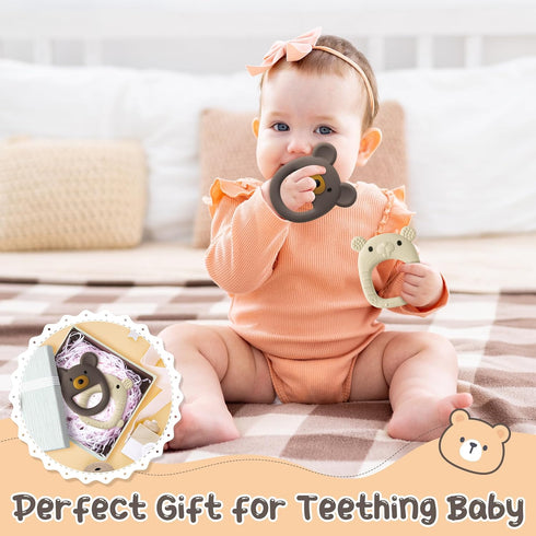 Baby Silicone Teething Toys - 2Pcs Brown Bear Mouse Baby Soothe Teething Chew Toys Infants Soft Teether Toys Toddler Bear and Mouse Design Toy Bab...