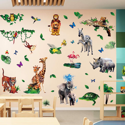 Amaonm Creative Giant Removable Cartoon Zoo Wild Jungle Animals 3D DIY Lion Giraffe Elephant Tree Wall Decals Nursery Decor for Kids Bedroom Livin...
