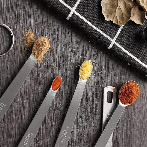 5 Pcs Mini Measuring Spoons Set - Stackable Design, 1/4, 1/8, 1/16, 1/32, 1/64 TSP Sizes, Flat Handle Metal Measuring Spoons Made of Durable Stain...