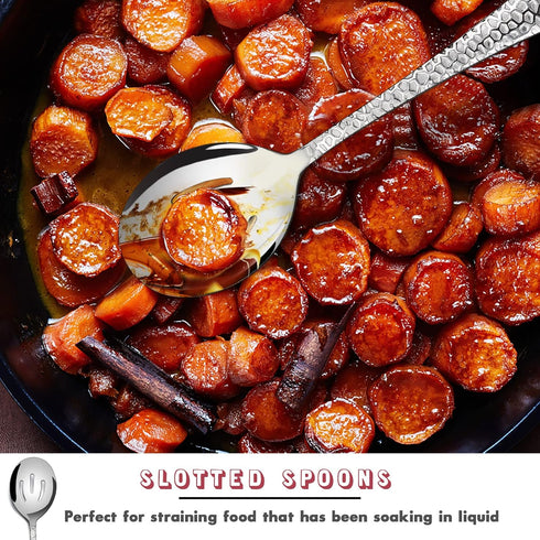 Hammered Serving Spoons, E-far 8-Piece Metal Serving Utensils Set - Solid Spoon x 4, Slotted Spoon x 4, Stainless Steel Hostess Tablespoons Set Se...