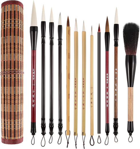 12 Pieces Chinese Calligraphy Brushes Painting Writing Brushes Watercolor Brushes Set Kanji Japanese Sumi Painting Drawing Brushes Kanji Art Brush...