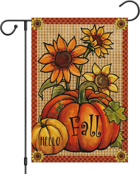 Hello Fall Garden Flag 12 x 18 Inch Vertical Double Sided Burlap, Pumpkin Fall Garden Flags Autunm Sunflower Yard Flag for Seasonal Yard Thanksgiv...