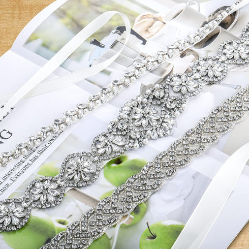 3 Pieces Rhinestone Bridal Belt, Silver Crystal Bridal Sash with White Ribbon Wedding Dresses Belt for Women, Bride, Bridesmaids, Gown, Party, Pro...