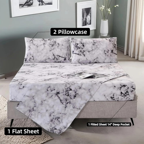 MAG Marble Bed Sheet,4PCS Black White and Gray Twin Size, Modern Pattern Printed Marble Bedding Sheet Set,with 1 Top Flat,1 Fitted Sheet and 2 Pil...
