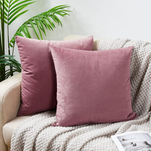 David's Home Corduroy Pillow Covers 18x18 Inches Set of 2-Decorative Cushion Covers for Couch Sofa Living Room-Stripe Throw Pillow Covers-Cameo Br...