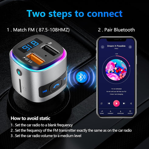Bluetooth FM Transmitter for Car, SONRU Bluetooth Car Adapter, Wireless FM Radio Transmitter, Support QC3.0 USB Charging, Hands-Free Calling, Siri...