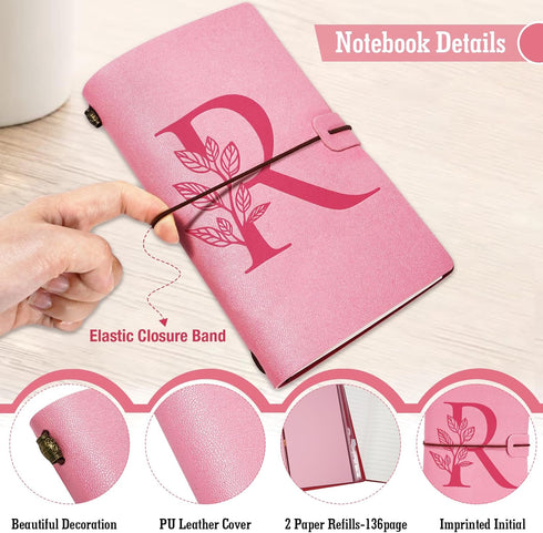 Personalized Journal Gift-Pink Initial Leather Journal+Heart Diamond Pen Set,Travel Notebook Diary Gifts,Refillable Notepads,Christmas,Birthday Gi...