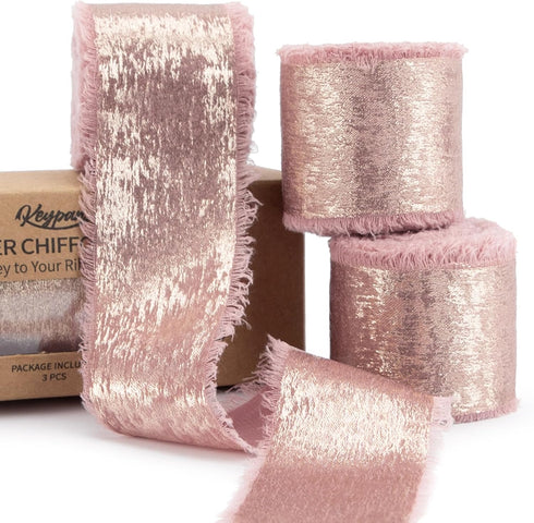 Rose Gold Chiffon Ribbon, Shimmery Gold Silk Ribbon Frayed Edge for Bridal Flower Bouquet Gift Wrapping Wedding Decor DIY Crafts 1.5" x 15 Yard 3 ...