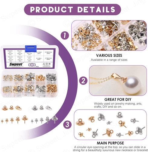 Swpeet 680Pcs Gold and Sliver 3mm 4mm 5mm 6mm 8mm Cup Pearl Screw Eye Pin Bail Peg Pendants with 7mm Pendant Charm Clasps Connector Kit, Perfect f...