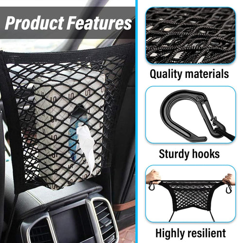 2 Layers Car Mesh Organizer, Two-Side Elasticity Auto Seat Back Net Bag Between Front Seats, Car Net Barrier of Backseat Pet Kids, Tissue Purse Ho...