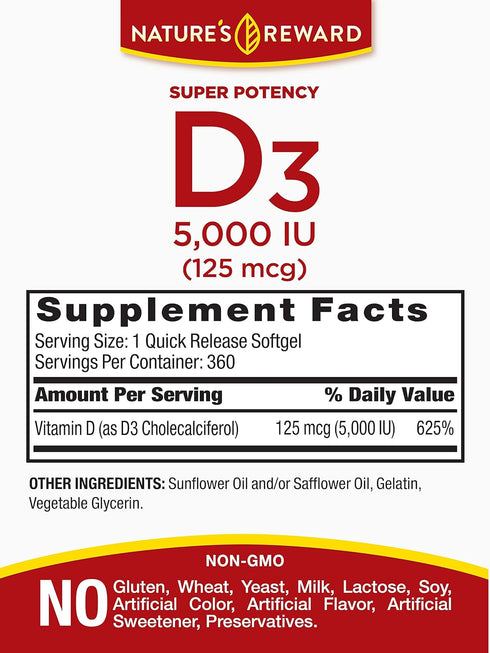 Nature's Reward Vitamin D3-5000 IU - 360 Softgels - Non-GMO & Gluten Free Supplement...