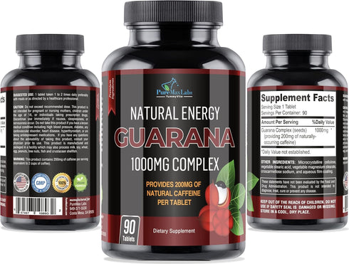 Natural Energy Guarana 1000MG - provides 200MG of herbal caffeine (2 cups coffee), antioxidants, boost energy, natural caffeine tablets, 90 Tablet...