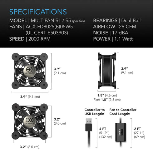 AC Infinity MULTIFAN S1, Quiet 80mm USB Fan, UL-Certified for Receiver DVR Playstation Xbox Computer Cabinet Cooling...