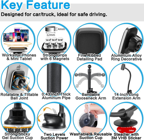 1Zero Magnetic Phone Car Mount 14-Inch Gooseneck Long Arm Extension, Universal Windshield Dashboard Industrial-Strength Suction Cup Car Phone Hold...