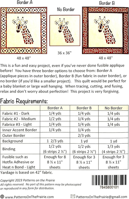 Graceful Giraffe Quilt Pattern by Patterns on the Prairie, Fusible Raw Edge Applique, Finished Size 48 x 48"...