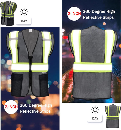 High Visibility Reflective Safety Vest with Zipper and Pockets Translucent Black,L...