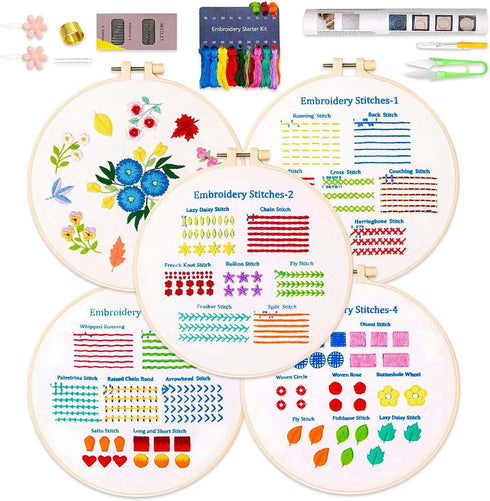 BREENHILL Embroidery Kit for Beginners, 5 Sets with Practice Kit, White Fabric, Tutorial Instructions, Art Craft Kit for Adults & Kids...