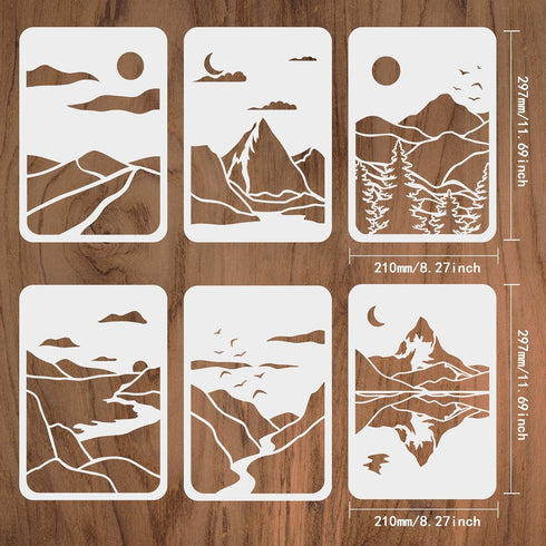 FINGERINSPIRE 6 Pcs Mountains Landscape Stencil 11.7x8.3 inch Mountains Stencils Template Plastic Moon Sun River Tree Stencils Reusable DIY Nature...