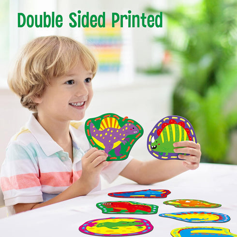 9 Pieces Kids Lacing Cards, Double Sided Sewing Cards in 9 Dinosaurs with 9 Colorful Laces, Imagination Development Lacing Toys Games for Children...