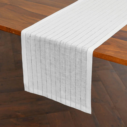 Solino Home Linen Table Runner 90 Inches Long - Pinstripe, 100% Pure Linen White and Black Table Runner 14 x 90 Inch for Dining, Summer, Fall, Hal...