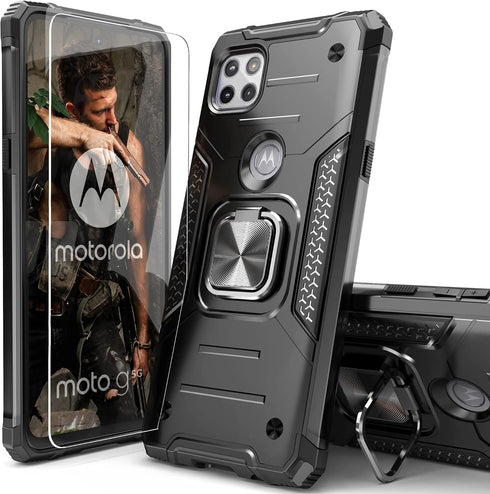 for Moto One 5G Ace Case with Screen Protector,Shock Absorption Heavy Duty Sturdy Drop Test Slim Case with Car Mount Kickstand Lightweight Protect...