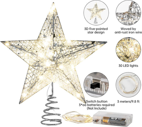 Christmas Tree Topper Star, Callenbach Led Metal Star Light Up Xmas Decorations Christmas Tree Bow Top Lighted Glitter Ornaments 10 inches Silver...