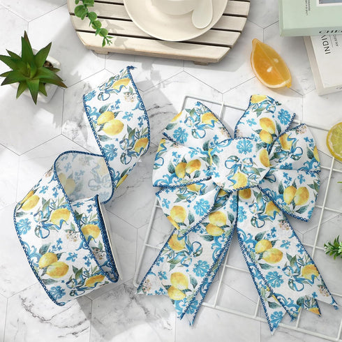 Lemon Wired Edge Ribbon Yellow Blue Tile Fabric Ribbon Spring Summer Craft Ribbon for Birthday Wedding DIY Wreath Bow Making, 12 Yard...