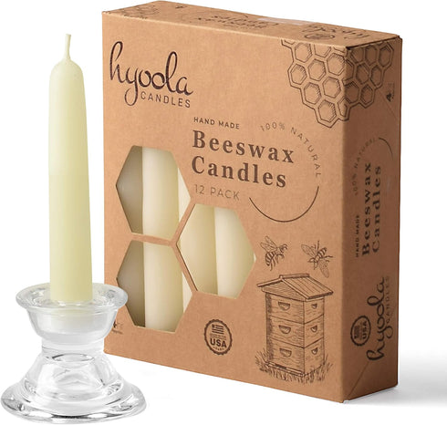 Hyoola 4" Beeswax Taper Candles 12 Pack - Handmade, All Natural, 100% Pure Unscented Bee Wax Candle - Tall, Decorative, White 4 Hour Burn Time...