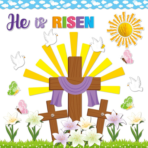 BeYumi 95Pcs Easter He is Risen Cross Bulletin Board Set Sun Honeycomb Jesus Resurrection Cross Lily Cutouts Trim Border Christian Religious Bible...