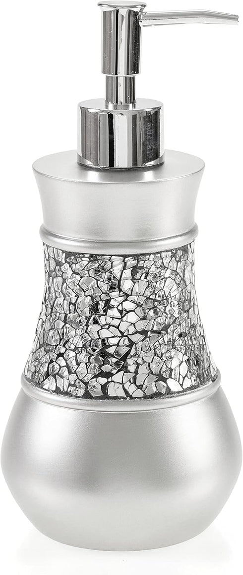 Crackled Glass Silver Hand Soap Dispenser for Bathroom, Decorative Countertop Lotion Dispenser, Elegant Liquid Soap Dispenser with Sturdy Pump for...