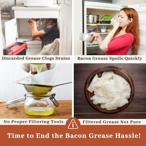 Bacon Grease Container with Strainer - With Food-Grade Silicone Spatula, 24oz Enamel Rustic Farmhouse Fat Container, Keeper, Recipes, Dishwasher S...