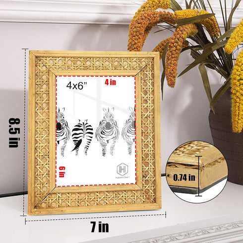 Rattan 4x6 picture Frame, Wicker Boho Rustic Photo Frame, Vintage Cany Stand Table Top Desk (4x6 inch)...