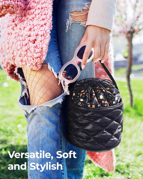 BAGSMART Barrel Drawstring Makeup Bag, Travel Toiletry Bag, Large Cosmetic Bag, Portable Make Up Bags for Women Toiletries Accessories Brush, Blac...