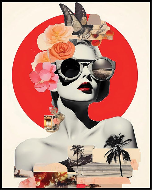 Posterizer 1 pcs-sunset and beaches and a woman-vintage collage-Abstract & Modern Art-Retro Art-Gift for Women, Fashionistas, Designer Fashion Fan...
