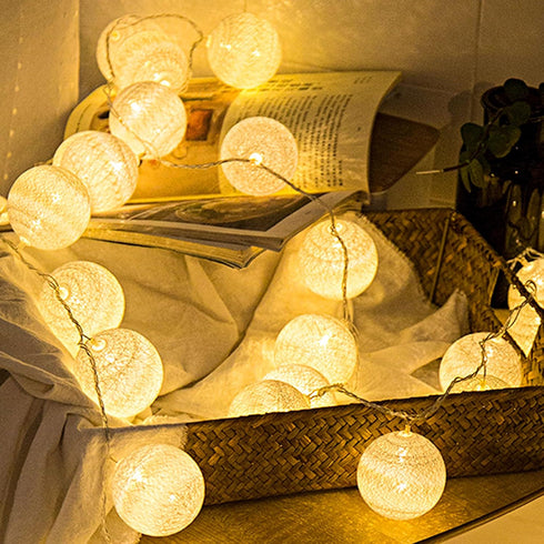 Anordsem Battery String Light for Indoor: 6.88Ft/10 LED Cotton Ball Lanterns 2 Pack - Bohemian Hanging Art Deco for Bedroom - Fairy Cozy Lighting ...
