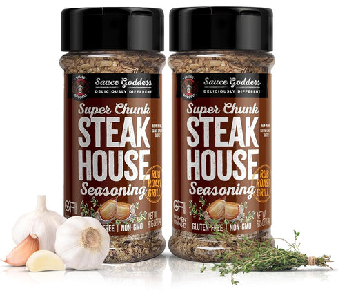 Sauce Goddess Super Chunk Steakhouse Spice Shaker (2-Pack) - Versatile, Delicious Steak Seasoning, BBQ Rub for Chops, Chicken and Veggies! Gluten-...
