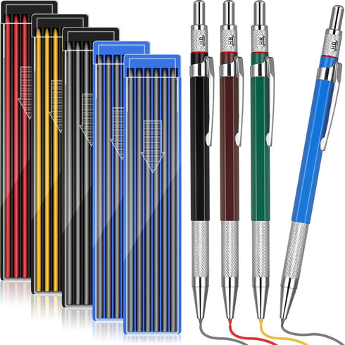 4 Pieces Welder Pencil with 60 Pieces Round Refills Mechanical Pencil Metal Marker Pen for Construction Workers, Metal Work, Welders, Plumbers, Fr...