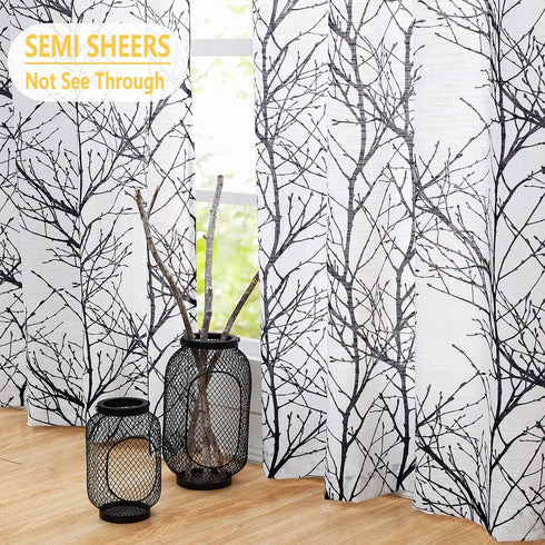FMFUNCTEX Sheer Side Front Door Curtains 40" White Black Branch Tree Half Print Curtain for Patio Doors with Matching Tiebacks 24”w 2 Panels...