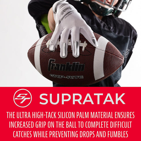 Franklin Sports Supratak Football Receiver Gloves - White/Chrome - Youth Small...