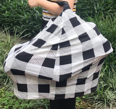 Nursing Cover Breastfeeding Scarf - Baby Car Seat Covers, Infant Stroller Cover, Strechy Carseat Canopy for Boys and Girls ?Black and White Square...
