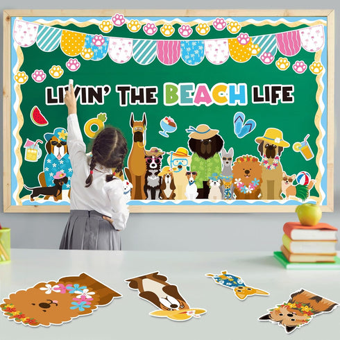 Summer Dog Bulletin Board Decorations Hawaiian Dog Theme Classroom Back to School Bulletin Board Border Set Cute Puppy Pet Dog Paw Paper Cutouts f...