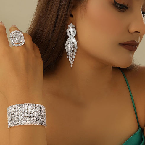 Sllaiss Rhinestone Bridal Jewelry Set for Women Sparkling Rhinestone Stretch Bracelet Ring Dangle Tassel Earrings Set Costume Jewelry...