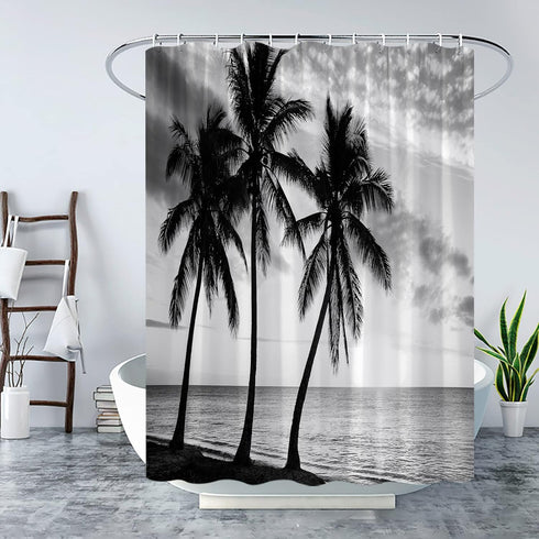 Ocean Beach Shower Curtain Tropical Palm Tree Landscape Black and White Sea Summer Seaside Scene Coastal Island Hawaii Nature Fabric Bath Curtain ...