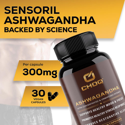CHOQ Ashwagandha Supplement - Ultra High Potency 35% Withanolides - Cortisol Support & Sleep Aid - Mood Support - 300mg Sensoril Extract - 30 Vega...