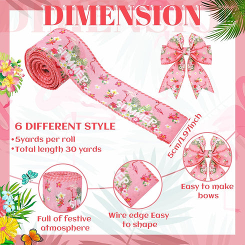 Duraaamo 6 Rolls 30 Yards Total Summer Flamingo Wired Edge Ribbon Party Burlap Ribbon Tropical Ribbon Summer Tropical Ribbons for Crafting Luau Ha...