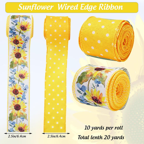 AnyDesign Sunflower Dot Wired Edge Ribbon Yellow White Craft Ribbon Summer Floral Fabric Ribbon for DIY Crafts Wreath Bow Making Wrapping Party De...