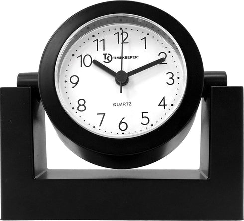 Timekeeper Small Desktop Swivel Clock for Desk, Battery Operated, 6.75" Wide x 2" Tall, Black Frame White Face...