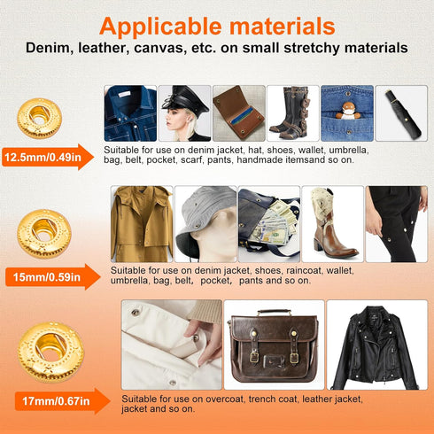 Alritz 15mm Leather Snap Button Kits with Hammer Punch Spacer, 90 Sets Metal Snaps Press Studs with 4 Setter Tools for Thin Clothes, Jackets, Jean...