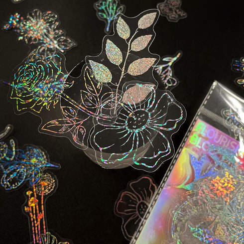 Holographic Glitter Flower Stickers (100 Pieces), Large Transparent Waterproof Stickers, Decorative Plant Stickers for Scrapbooking, Bullet Journa...